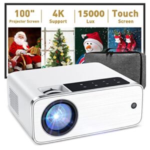 Projector, Native 1080P Video Projector with 100”Screen, 15000L Outdoor Movie Projector Supports 4K, HD, Home Theater Projector Compatible with TV Stick/Phone/HDMI/USB