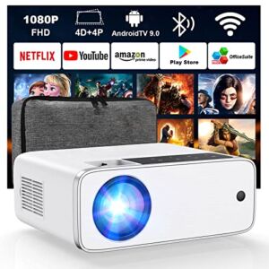 GROVIEW Smart Projector 4K Supported – 9500 Lux 1080P FHD Outdoor Movie Projector with WiFi Bluetooth, APP Control, 4D Correction, AndroidTV 9.0, Office-Software, Portable Projector for Home Theater
