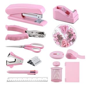 Pink Office Supplies Kit, 14 Piece Desk Accessory Kit Stapler and Tape Dispenser Set Includes Desktop Staple, Stapler Remove, Single Hole Punch, Tape Dispenser, Tape Measure, Scissors, Pen Holder