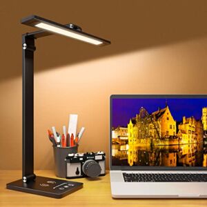 LED Desk Lamps for Home Office – Dimmable Desk Lamp with USB Charging Port, Desk Light with Wireless Charger, Eye-Caring Office Lamp for Desk Reading, Auto Timer, Touch Control Study Lamps for Dorm