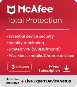 McAfee Total Protection 2023 + New Device Setup | Amazon Exclusive | 3 Device | Antivirus Internet Security Software | VPN, Password Manager, Dark Web Monitoring | 1 Year Subscription | Download Code
