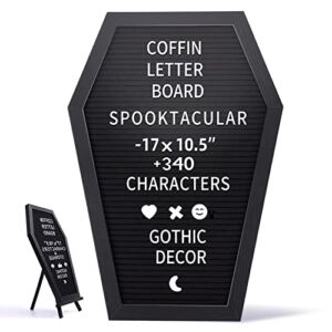 KUBOER Black Felt Coffin Letter Board, Gothic Message Board for Halloween Decor, Horror Gothic Spooky Gifts, Creepy Home Decor Letter Board with 340 White Changeable Characters, 17×10.5 Inches (Black)