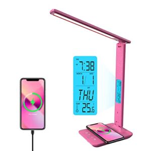 Poukaran Desk Lamp, LED Desk Lamp with Wireless Charger, USB Charging Port, Table Lamp with Clock, Alarm, Date, Temperature, Office Lamp, Desk Lamps for Home Office, Pink