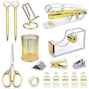 Gold Office Supplies Set,Stapler Set Include Stapler,Hole Punch,Tape Dispenser,Staple Remover,Scissors,Paper Clips, and 1000pcs Staples.Acrylic Office Desk Accessories Kits