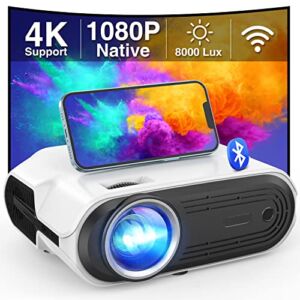Native 1080P WiFi Bluetooth Projector with 200” Display, 8000Lux Full HD 4K Support Movie Video Projector Compatible w/ iOS Android Smartphone Tablet, HDMI/VGA/USB/TV Stick, Auto Sleep Timer