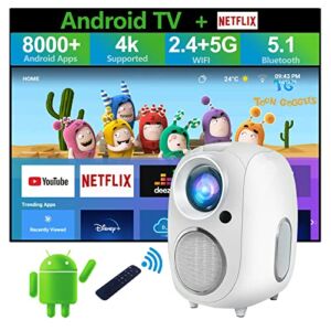 4K Projector with 5G WiFi and Bluetooth,Android TV Projector 1080P Full HD 4K Supported, Projector for Outdoor Use,500 ANSI Lumen 300″ Screen,Smart Projector with Apps for iPhone/HDMI/USB