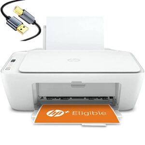 HP DeskJet 2752e Wireless All-in-One Instant Ink Ready Color Inkjet Printer, White – Print Scan Copy – Icon LCD Display, 1200 x 1200 dpi, WiFi, Bluetooth, USB, Cbmou Printer Cable