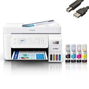 Epson EcoTank Series Wireless All-in-One Supertank Color Inkjet Printer, Print Copy Scan Fax, Wireless Connectivity, 5760 x 1440 dpi, 30-Sheet ADF, 10.0 ppm, White – Bundle with JAWFOAL Printer Cable