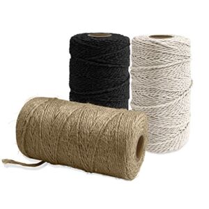 HZCHIONE 3 Rolls Jute Twine for Crafts Cotton Twine White Twine Black Twine Wrapping Butchers Bakers Twine Arts Crafts Gardening(Black, White, Jute, 984 Feet, 2mm)