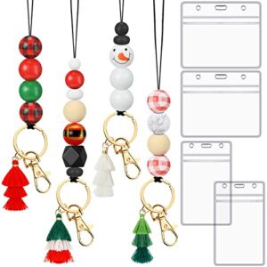 4 Pcs Christmas Teacher Lanyards for ID Badges and Keys, Cute Silicone Beaded Lanyard with 4 Pcs Card Holders for Women Nurse (Festival Colors)