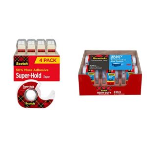 Scotch Super-Hold Tape, 4 Rolls, Transparent Finish,3/4 x 650 Inches(4198) & Heavy Duty Packaging Tape, 1.88” x 22.2 yd, 1.5” Core, Clear, 6 Rolls with Dispenser (142-6)