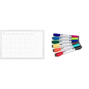 U Brands Magnetic Dry Erase Calendar Board, 20 x 30 Inches, White Wood Frame (2075U00-01) & Low Odor Magnetic Double Ended Dry Erase Markers with Erasers, Bullet Tip, Assorted Colors, 6-Count