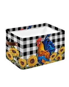 Storage Bins, Farm Rooster Sunflower Black and White Buffalo Plaid Storage Baskets for Organizing Closet Shelves Clothes Decorative Fabric Baskets Large Storage Cubes with Handles