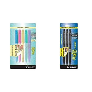 PILOT FriXion Light Pastel Collection Erasable Highlighters, 5-Pack (46543) & FriXion Clicker Erasable, Refillable & Retractable Gel Ink Pens, Fine Point, Black Ink, 3-Pack (31464)
