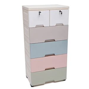 6 Drawer Plastic Drawers Dresser Storage Cabinet with 4 Large Drawers and Top 2 Small Cabinets Locker(with Keys),Closet Drawers Tall Dresser Organizer for Clothes Playroom Bedroom Furniture (Macaron)
