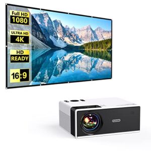 Projector with 120“ Projector Screen, Projector with WiFi and Bluetooth, Outdoor Projector with Portable Projector Screen, FUDONI Movie Projector Compatible w/iOS/Android/Win/PS5, White