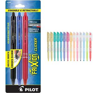 Pilot Frixion Clicker Erasable Gel Pen, Assorted Ink, 3 per Pack (31467), Black/Blue/Red & FriXion Light Pastel Erasable Highlighters, Chisel Tip, Assorted Ink Colors, 14 Count (16258)