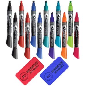Quartet Dry Erase Markers, 2 Whiteboard Erasers Bundle – 12 Count Assorted Whiteboard Markers and 2 Magnetic Dry Erase Eraser