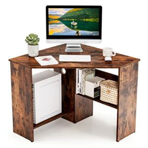 COSTWAY Corner Computer Desk, Space-Saving Triangular Writing Desk w/ 2 Storage Shelves & 2 Cable Holes, Multi-Functional Console Table for Small Space in Home Office, Living Room, Bedroom (Coffee)