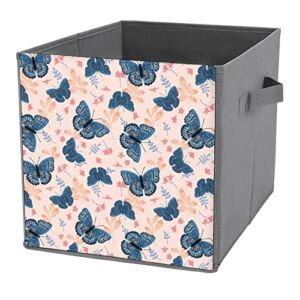 Blue Butterfly Storage Bin Foldable Cube Closet Organizer Square Baskets Box with Dual Handles