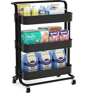 Armocity Rolling Cart, Black Utility Cart for Bedroom, Portable Cart with Wheels, 3-Tier Utility Cart with Handles, Metal Roller Cart for Living Room, Kitchen, School, Teacher, Office, Black