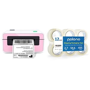 Shipping Label Printer, POLONO 4×6 Thermal Label Printer for Shipping Packages, Commercial Direct Thermal Label Maker, POLONO 12 Rolls Heavy Duty Packaging Tape, 2.7 mil, 1.88″ x 54.6 Yd, 12 Rolls