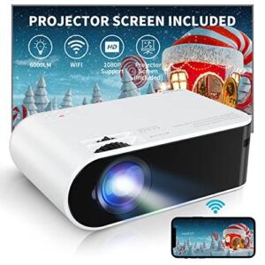 Mini Projector with Projector Screen, BACAR 6000 Lux Portable Projector Support 1080P HD 200″ Display Compatible with HDMI USB VGA AV TF iOS & Android PS5 Home Projector Stand Carry Case Included