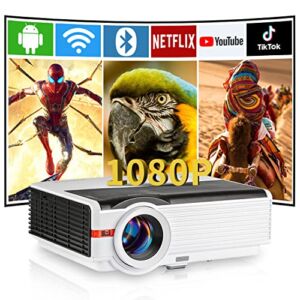 Bluetooth HD 1080P Video Projector 9000Lumen High Brightness Smart Android Home Theater System 200″ Display Wireless TV Projectors for Mobile Phones Laptop, USB HDMI VGA 10W Speaker