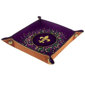 Small Storage Box,mens valet tray,purple pattern fleurdelis fake glitter,Leather Catchall Organizer for Coin Box Key Jewelry