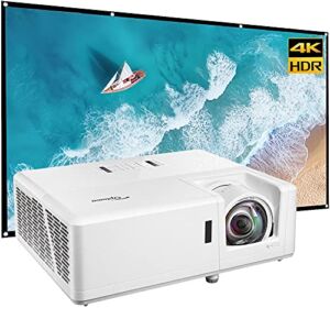 Optoma GT1090HDR Short Throw Laster Home Theater Projector Bundle with Minolta 120″ Home Theater Projector Screen 16:9 Indoor Outdoor Folding with Mount Hooks