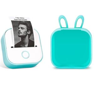 Memoking T02 Pocket Thermal Bluetooth Printer with Green Rabbit Shape Protective Case, Compatible with iOS & Android