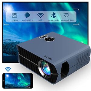 Outdoor Projector WiFi Bluetooth Android 9.0 Native 1080P HD Projector,8500 Lumen Home Smart Theater Projector Touchscreen with LAN Port,Compatible w/ iPhone TV Stick Laptop HDMI, 4P Keystone Zoom