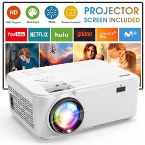 Outdoor Movie Projector with Screen – 7500L 1080P HD 200” Supported Home Theater Projector, BIGASUO Mini Video Projector for iPhone, Phone, Laptop, PC, DVD, PS4, HDMI ,USB Devices (White)