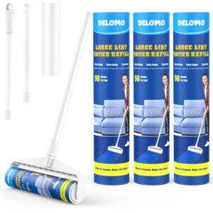 Large Lint Rollers for Carpet, Sticky Rollers for Floor DELOMO 9.45 in with 3 Extendable Handle,Long Handle Sticky Mop for Cleaning Carpets, Cars, Clothing, and Pet Hair
