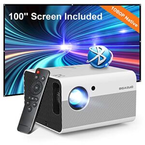 Full HD 1080P Projector with 100”Screen, BIGASUO Bluetooth Outdoor Movie Projector 180″ Display Supported, Video Projector Compatible with Laptop/PS4/ Xbox/Smartphone