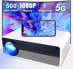 ANXONIT Native 1080P Projector, 500 ANSI Lumens FHD Video Projector, 5G WiFi Screencast, Dual 8W Speakers with Bluetooth, 300″ Screen Home Theater,Compatiable with Android / iOS