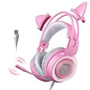Head‑Mounted Gaming Headset, Cute Headset Microphone 7.1‑Channel Main USB Broadcast Pink Light,USB Gaming Headset for E‑Sports Games (Pink)