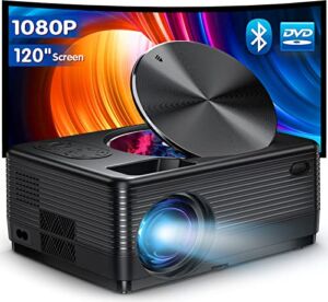 Mini Projector for iPhone, 1080P Bluetooth DVD Projector with Built in DVD Player with 120 inches Screen, Led Portable Video Projector for Outdoor Family Movie Night Compatible Phone/HD/USB