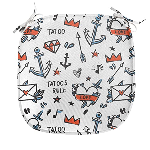 Lunarable Tattoo Chair Seating Cushion Set of 12, Various Tattoo Designs Heart with Crown Anchor Arrow Star Illustration, Seat Pads for Office with Anti-slip Backing, 16″x16″, Vermilion Blue and Black | The Storepaperoomates Retail Market - Fast Affordable Shopping