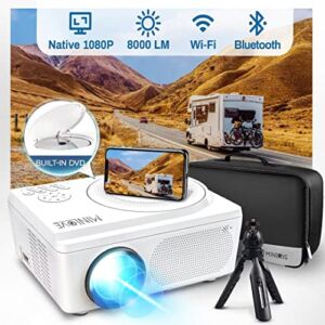 Native 1080P WiFi Bluetooth Projector Built in DVD Player, MINLOVE Full HD Portable Projector, Mini Video Movie Projector for Outdoor, Zoom & Sleep Timer Support, Compatible with TV/HDMI/VGA/AV/USB/TF