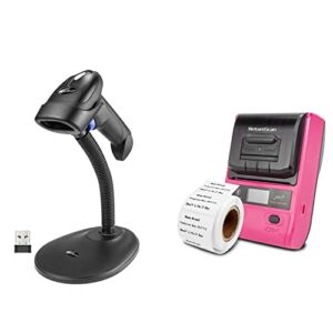 NetumScan Wireless Barcode Scanner with Stand & Label Maker Portable Bluetooth Thermal Label Printer Compatible with Android & iOS System Apply to Labeling, Address, QR Code, Barcode, Cable and More