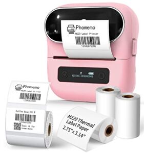 Phomemo M220 Pink Label Maker, Portable Thermal Label Printer, Perfect for Barcode, Qr Code, Retail,Small Business and More with 1 Roll 40 x 30mm and 3 Rolls 70 x 80mm Label Tapes