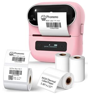 Phomemo M220 Pink Label Printer with Label Tape, Bluetooth Barcode Printer New Version with 1 Roll 40 x 30mm Tape and 3 Rolls 60 x 40mm Label Tapes for Barcode,Small Business and More
