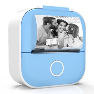 Odaro T02 Inkless Mini Thermal Pocket Printer, Bluetooth Wireless Mobile Small Printer, Portable Sticker Printer for Memo, Notes, Photos, Journal, Gift for Kid, Blue with 1 Roll White Label Paper