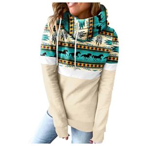 Aztec Hoodies for Women Pullover Western Jacket Hooded Sweatshirt Turtleneck Long Sleeve Shirt Print Tunic Tops Geometric Horse Tribal Ethnic Vintage Color Block Colorblock Turtle Cowl High Neck