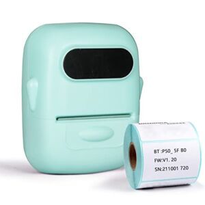P50 Label Printer Portable Mini Label Maker Machine Bluetooth Thermal Label Maker Compatible with Android & iOS System Apply to Labeling Office Cable Retail Tag Barcode (Green + A Roll Thermal Paper