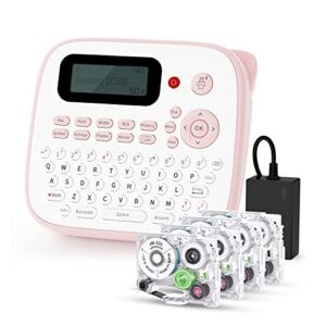 Pink Label Maker Machine with Tape D210S Portable Labeler Label Printer for Labeling with 4 Laminated Label Tapes JM231, QWERTY Keyboard, AC Adapter, Multiple Line Labeling