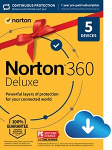 Norton 360 Deluxe, 2023 Ready, Antivirus software for 5 Devices with Auto Renewal – Includes VPN, PC Cloud Backup & Dark Web Monitoring [Download]