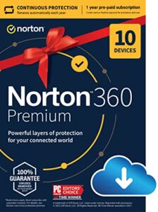 Norton 360 Premium, 2023 Ready, Antivirus software for 10 Devices with Auto Renewal – Includes VPN, PC Cloud Backup & Dark Web Monitoring [Download]