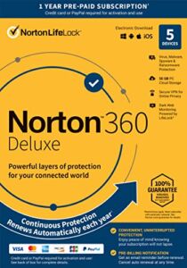 Norton 360 Deluxe, 2023 Ready, Antivirus software for 5 Devices with Auto Renewal – Includes VPN, PC Cloud Backup & Dark Web Monitoring [Key Card]
